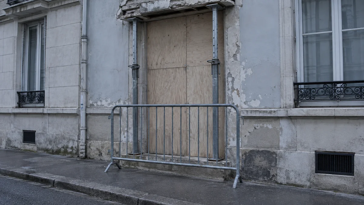 Entrée d'immeuble condamnée par un panneau de bois avec barrière de chantier devant le seuil