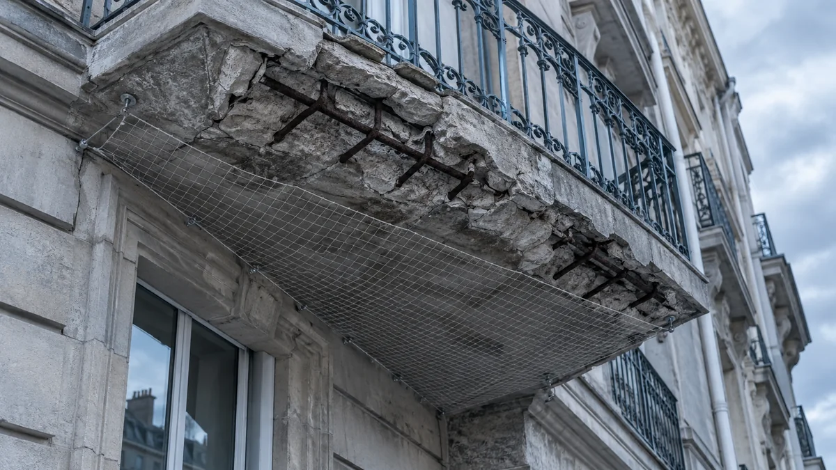 Balcon en pierre éclatée laissant apparaître des armatures corrodées, retenu par un filet de sécurité