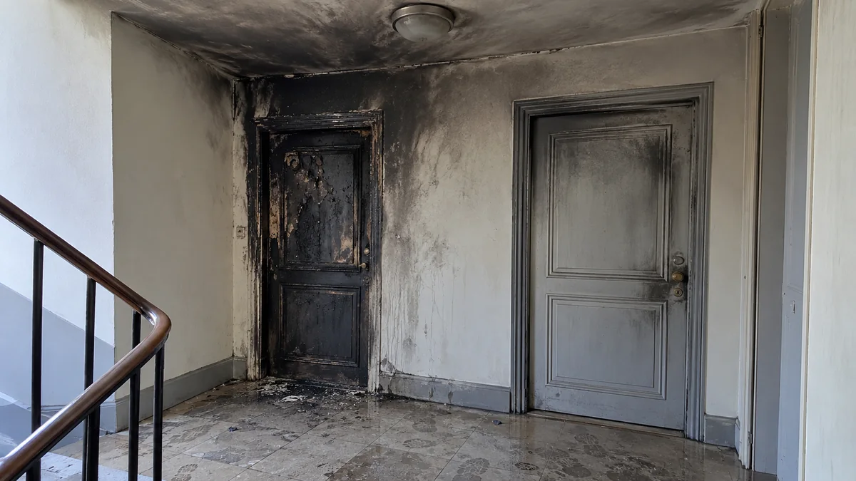 Palier d'immeuble après un incendie : la porte de l'appartement sinistré est carbonisée, la porte voisine et le mur sont couverts de suie grise, le plafond est noirci et le carrelage mouillé porte des traces de pas