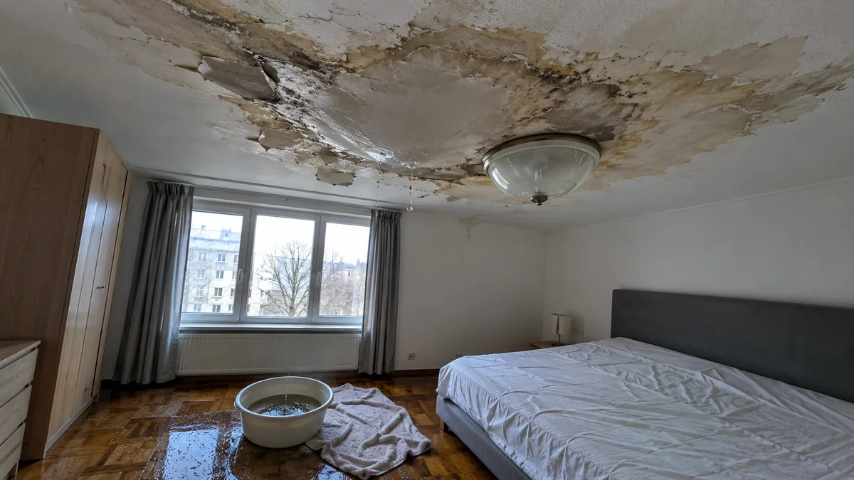 Plafond de chambre taché et cloqué par l'eau d'extinction venue de l'appartement du dessus, bassine et serviette posées sur le parquet mouillé pour recueillir les gouttes