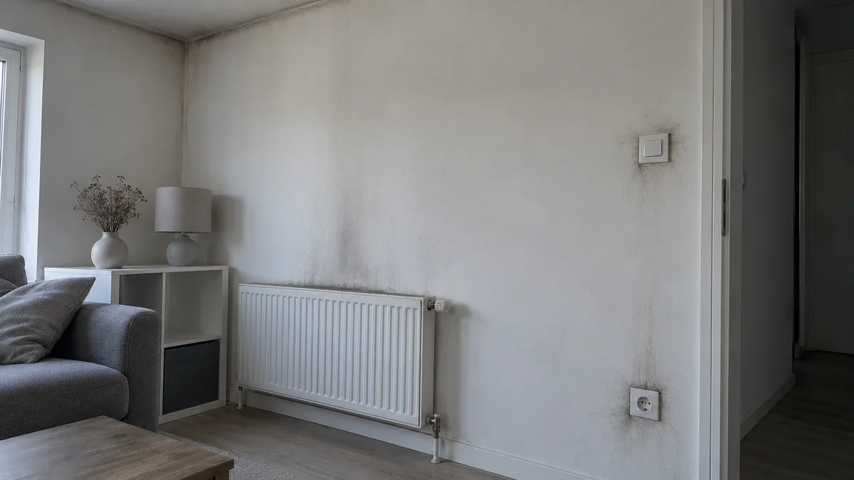 Mur blanc d'un séjour non touché par les flammes : traînées de suie grise autour d'une prise électrique et d'un interrupteur, ombre grise au-dessus du radiateur et ligne de suie à l'angle du plafond