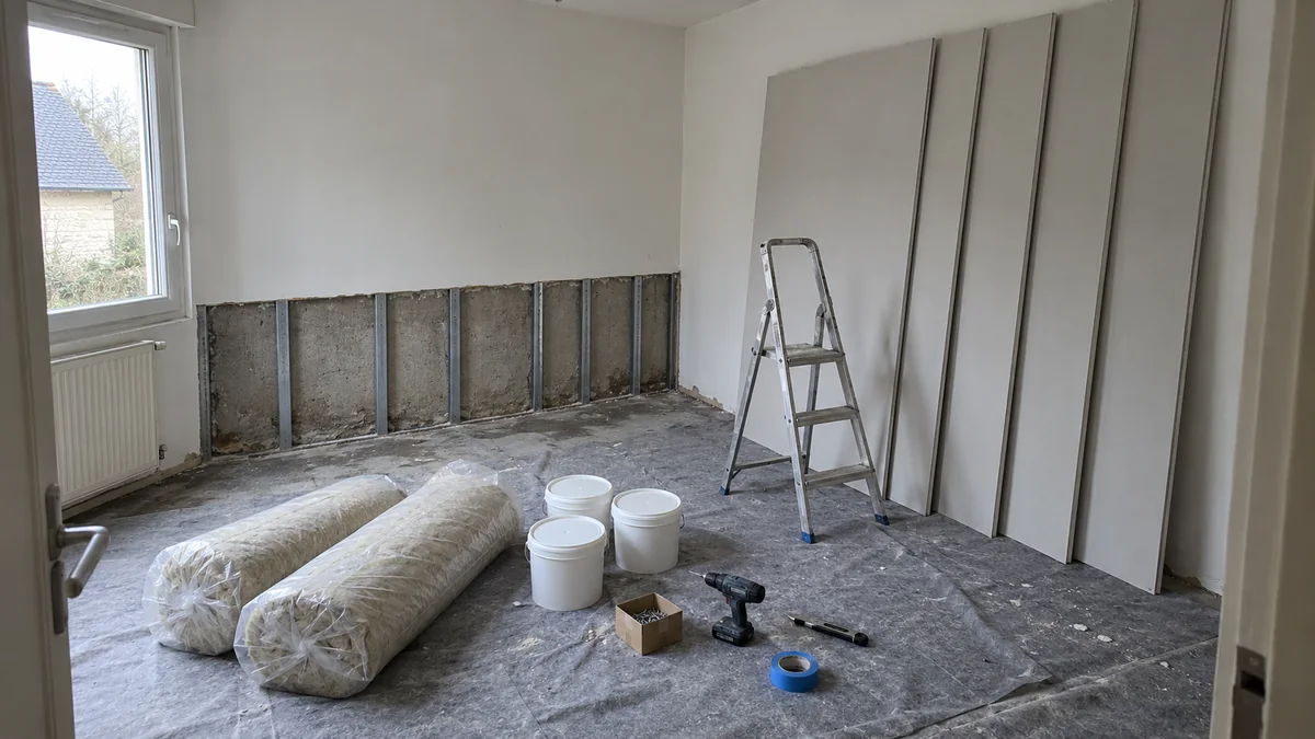 Chambre en cours de réparation par son propriétaire après un dégât des eaux : bas de cloison déposé laissant voir les rails métalliques, plaques de plâtre neuves appuyées au mur, rouleaux d'isolant, seaux et perceuse posés sur une bâche