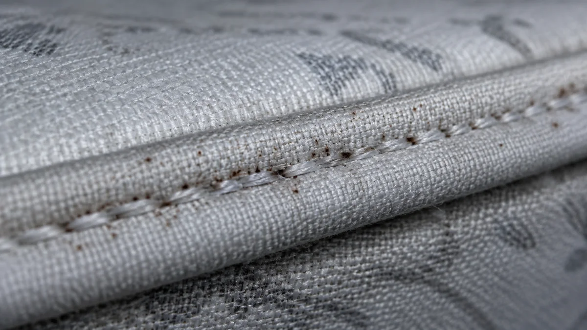 Gros plan macro sur la couture d'un matelas montrant de petites taches brun-rouille alignées le long du fil de couture