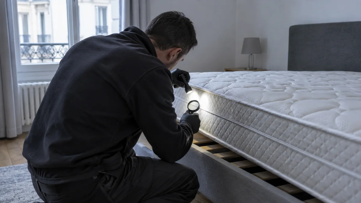 Technicien de désinsectisation inspectant la couture d'un matelas à la lampe torche dans une chambre, vue de trois-quarts