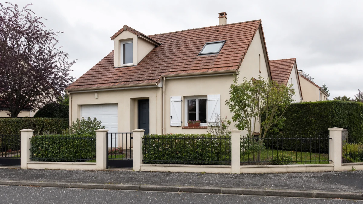 Un pavillon francilien aux murs enduits et à la toiture en tuiles borde une rue résidentielle sous un ciel couvert