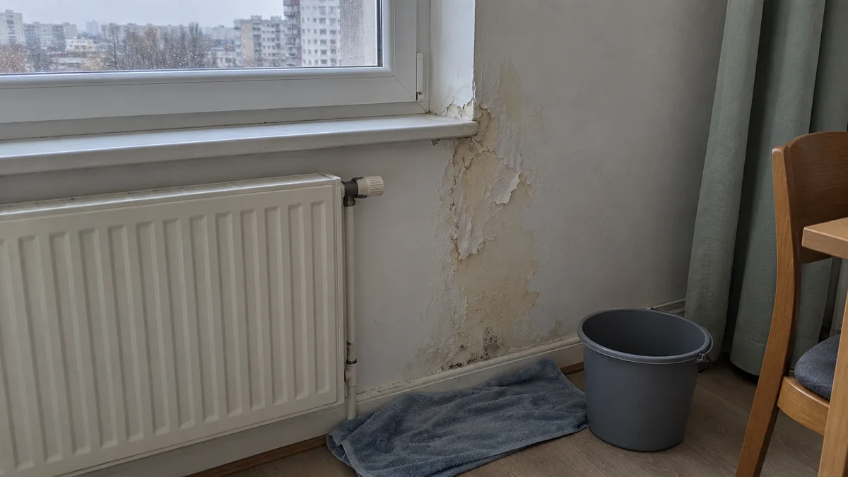 Sous une fenêtre en PVC d'un appartement en étage, la peinture du mur cloque et s'écaille en une large auréole jaunie qui descend de l'angle de l'appui jusqu'à la plinthe, à côté d'un radiateur ; une serpillière et un seau sont posés au sol