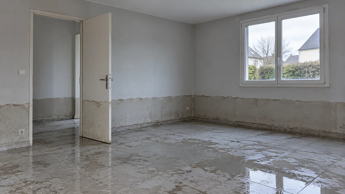 Séjour d'une maison vidé après une crue, trace horizontale laissée par l'eau sur les murs et fine couche de limon sur le carrelage