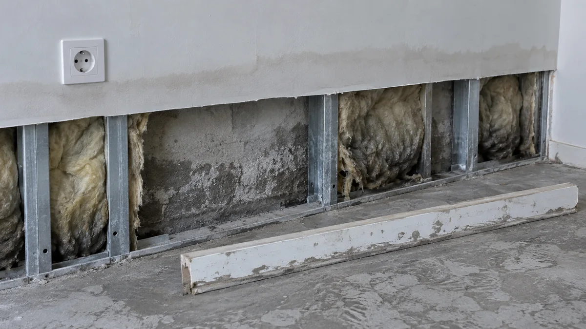 Bas de mur dont le doublage en plaque de plâtre a été découpé, laissant voir l'isolant affaissé et gorgé d'eau et le mur humide derrière