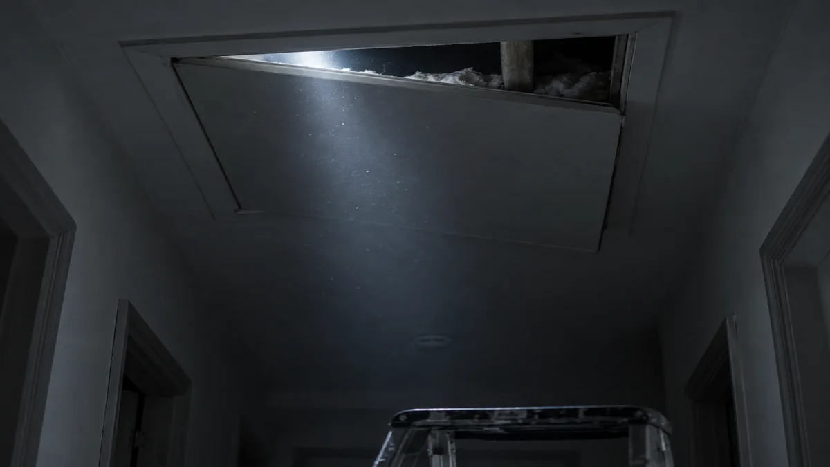 Trappe d'accès aux combles entrouverte dans un plafond de couloir, faisceau de lampe torche éclairant l'obscurité
