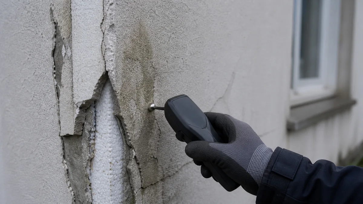 Contrôle d'humidité sur un angle de façade en isolation thermique extérieure fissuré avec un appareil de mesure