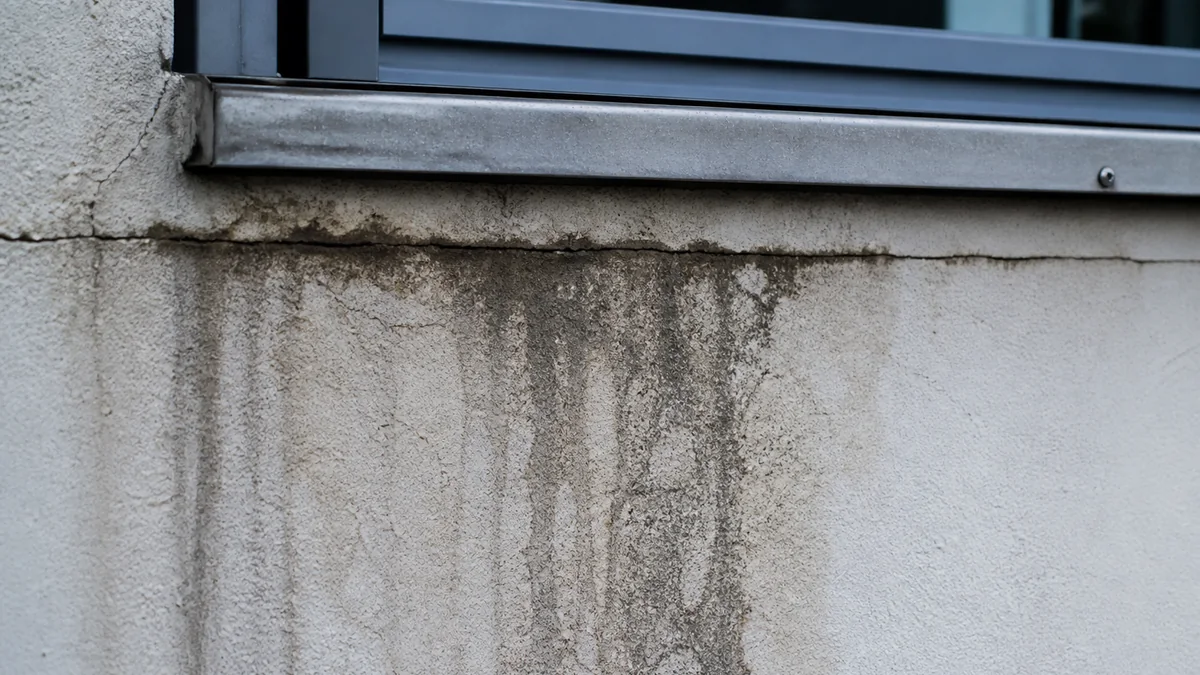 Traces d'infiltration d'eau sous un appui de fenêtre sur une façade en isolation thermique par l'extérieur, avec fissuration de l'enduit au point de jonction