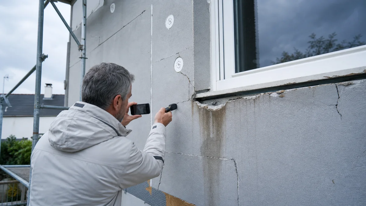 Expert en bâtiment examinant une façade en isolation thermique extérieure fissurée avec une infiltration d'eau visible près d'un appui de fenêtre
