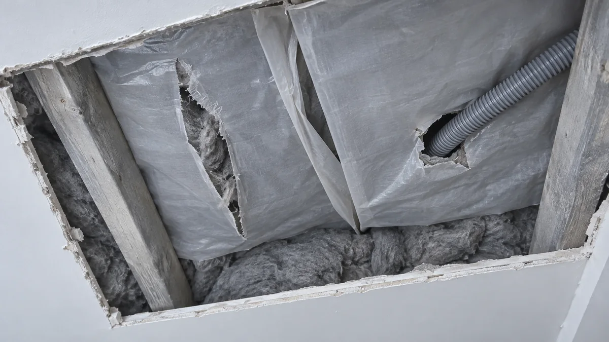 Plafond rampant ouvert dans des combles aménagés : membrane pare-vapeur déchirée, recouvrement non scotché et gaine électrique traversant la membrane sans manchon d'étanchéité