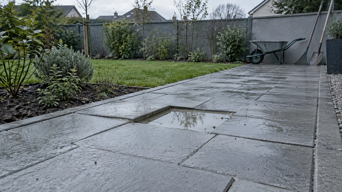 Terrasse extérieure avec une dalle affaissée où l'eau de pluie stagne, outils de jardinage à l'arrière-plan