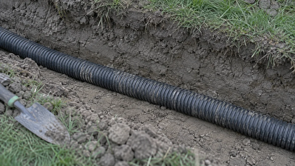 Drain agricole posé à même la terre dans une tranchée de jardin, sans lit de gravier pour assurer l'écoulement
