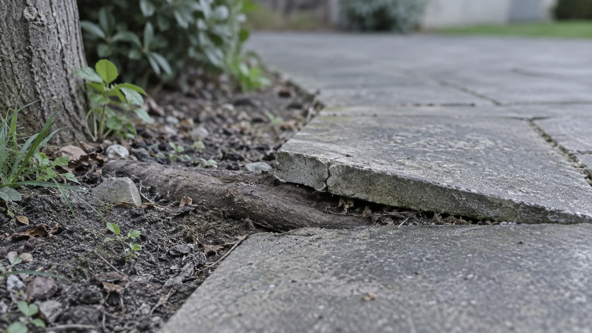 Dalle de terrasse soulevée et fissurée par la racine d'un jeune arbre planté trop près du revêtement