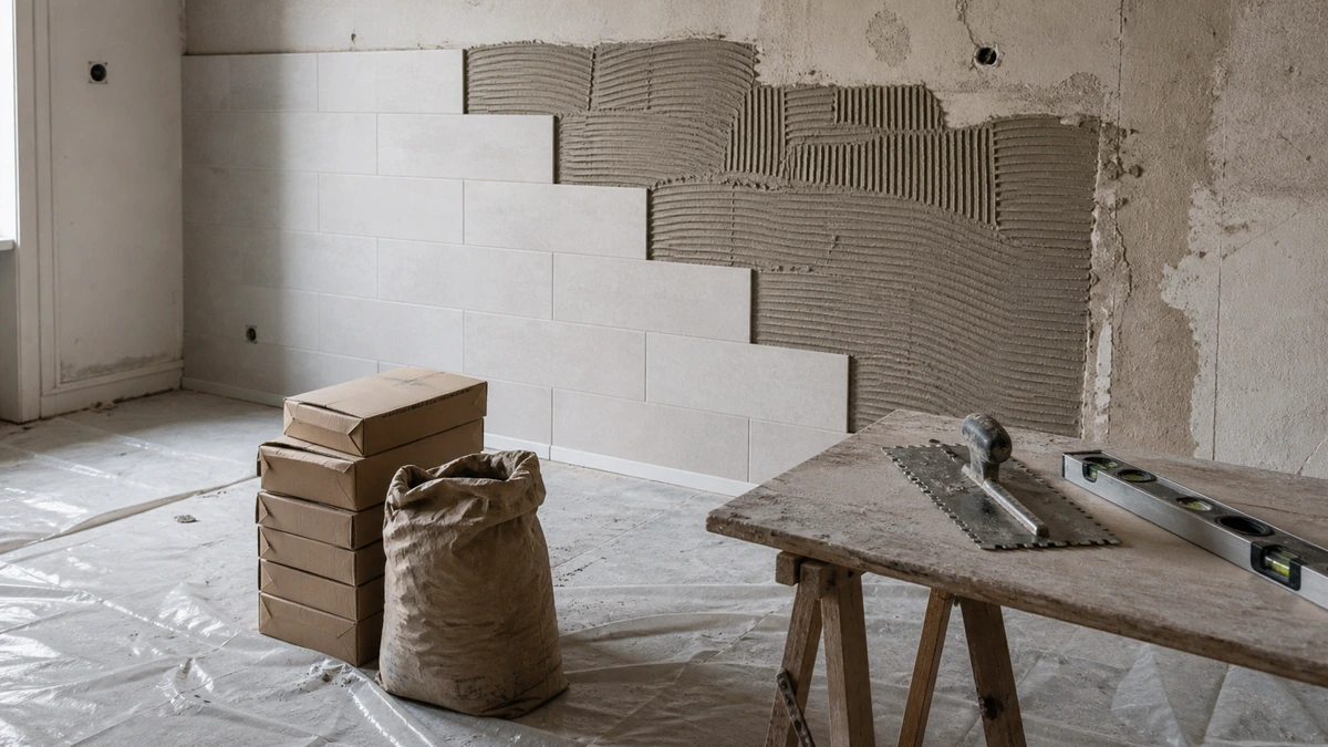 Chantier de rénovation intérieure laissé inachevé : mur à demi carrelé avec colle peignée sur la partie nue, cartons de carrelage empilés, sac de mortier et outils abandonnés sur un tréteau poussiéreux, aucune personne