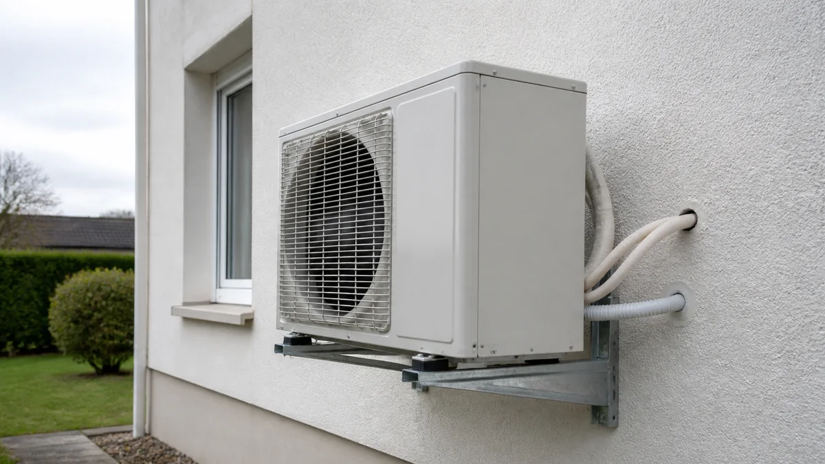 Climatiseur réversible split installé sur le mur extérieur d'un pavillon francilien, unité intérieure et groupe extérieur reliés par une gaine technique