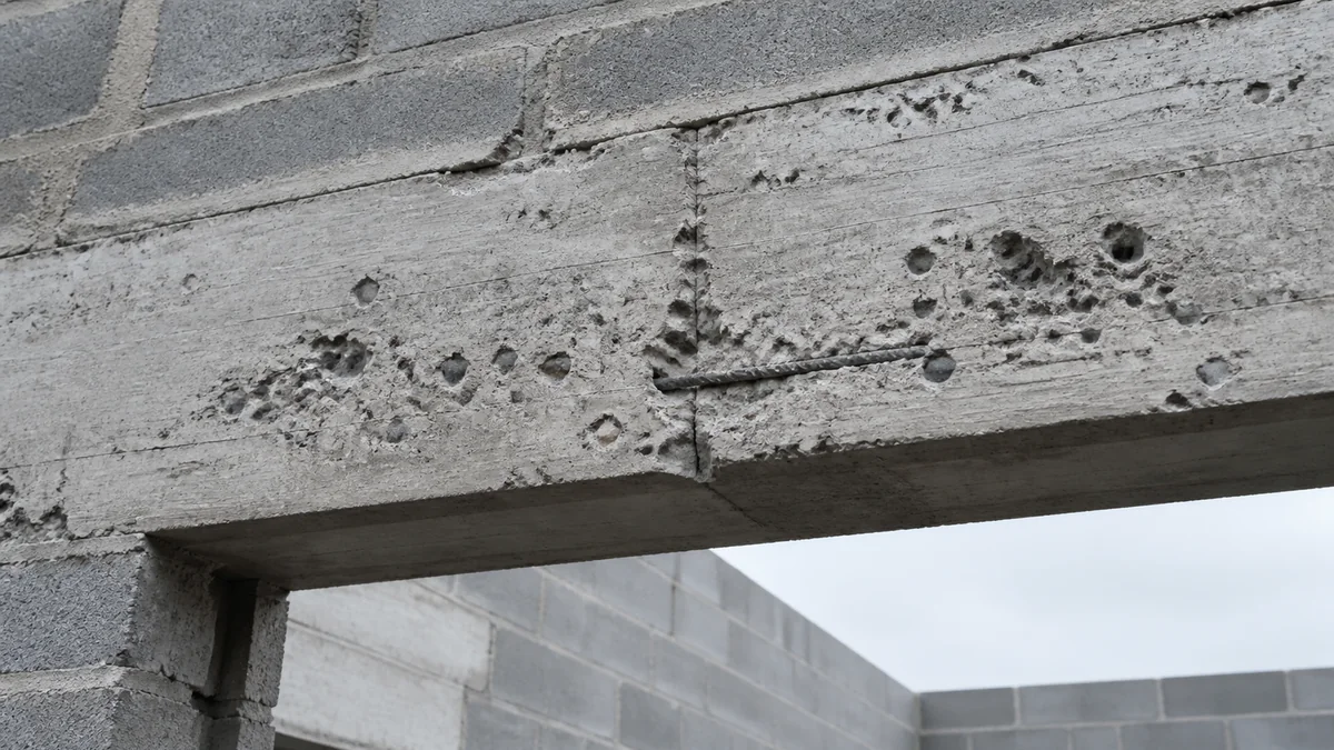 Linteau en béton présentant un important nid de cailloux : béton non vibré, granulats apparents et cavités ouvertes sur toute la hauteur, laissant voir une armature métallique rouillée à nu