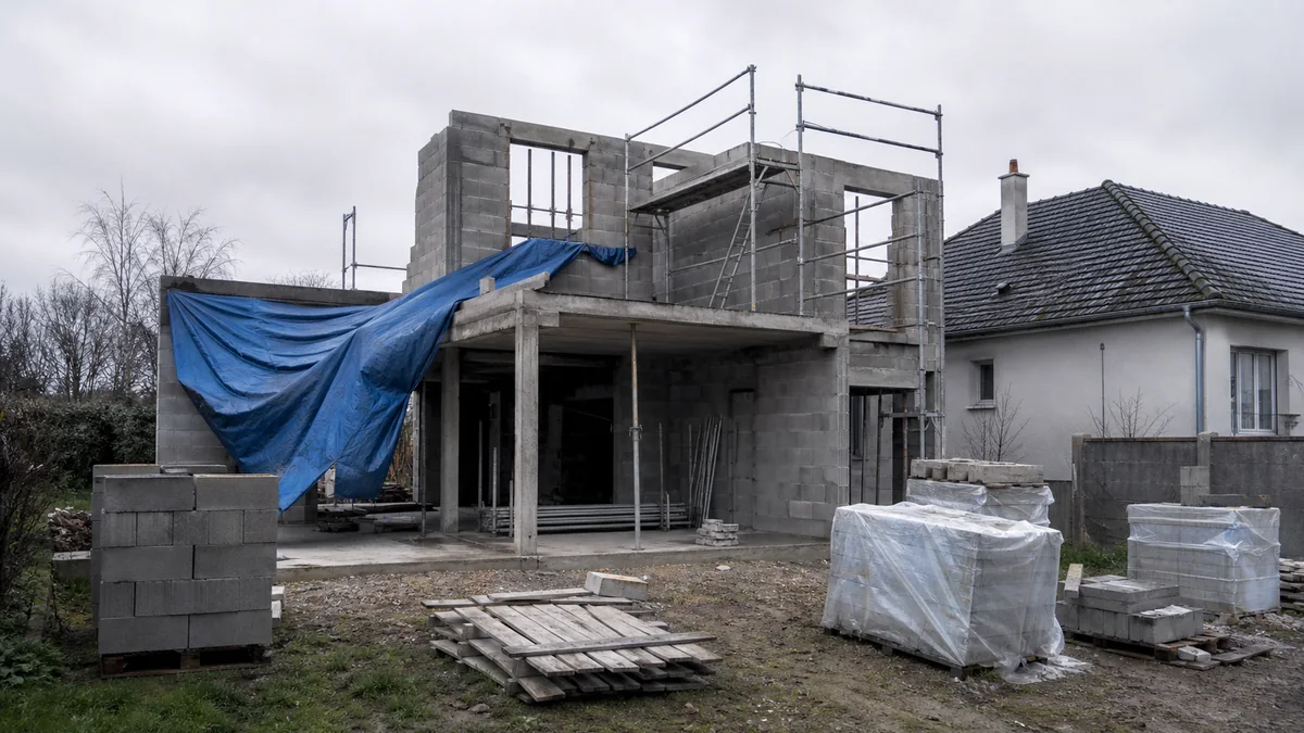Extension de maison inachevée à l'arrêt : murs en parpaings bruts, ouverture fermée par une bâche plastique bleue et étais métalliques en attente