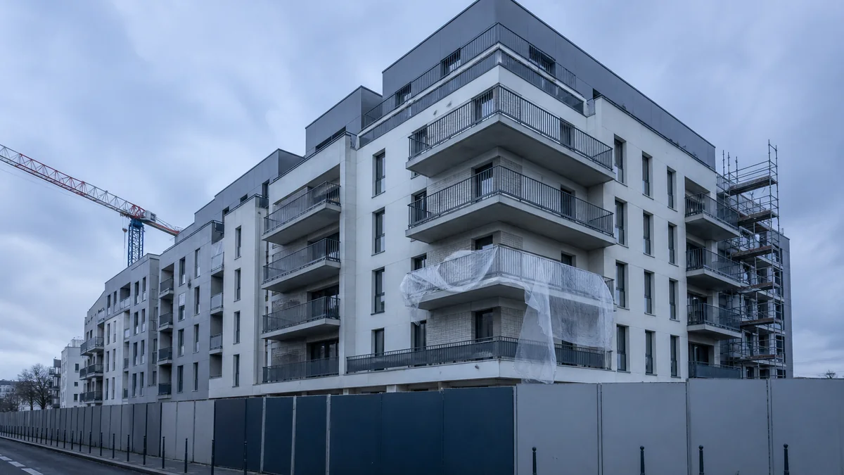 Façade d'un immeuble collectif neuf en cours de livraison en Île-de-France, grue de chantier visible en arrière-plan, échafaudage résiduel sur un angle, bâche de protection sur un balcon et clôture de chantier au rez-de-chaussée