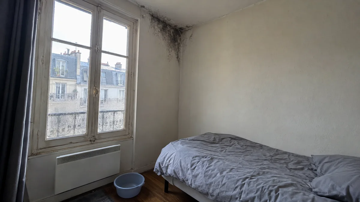 Chambre d'un petit appartement ancien loué à Paris : tache de moisissure noire à l'angle du mur et du plafond au-dessus d'une fenêtre à simple vitrage embuée, vieux convecteur électrique et bassine posée au sol