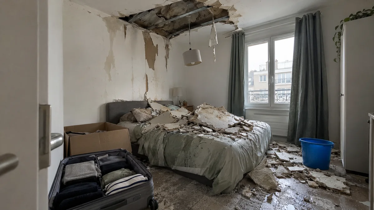 Chambre d'appartement après une fuite venue de l'étage : plafond en plaque de plâtre effondré sur le lit, gravats au sol, seau sous les gouttes, valise et carton préparés près de la porte