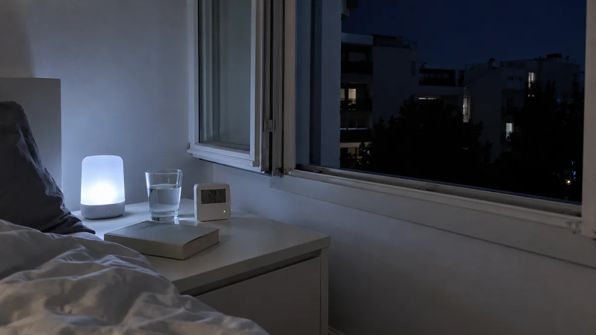 Enregistreur de température posé sur une étagère au milieu d'une chambre la nuit, écran allumé affichant une température élevée, fenêtre ouverte sur la nuit en arrière-plan