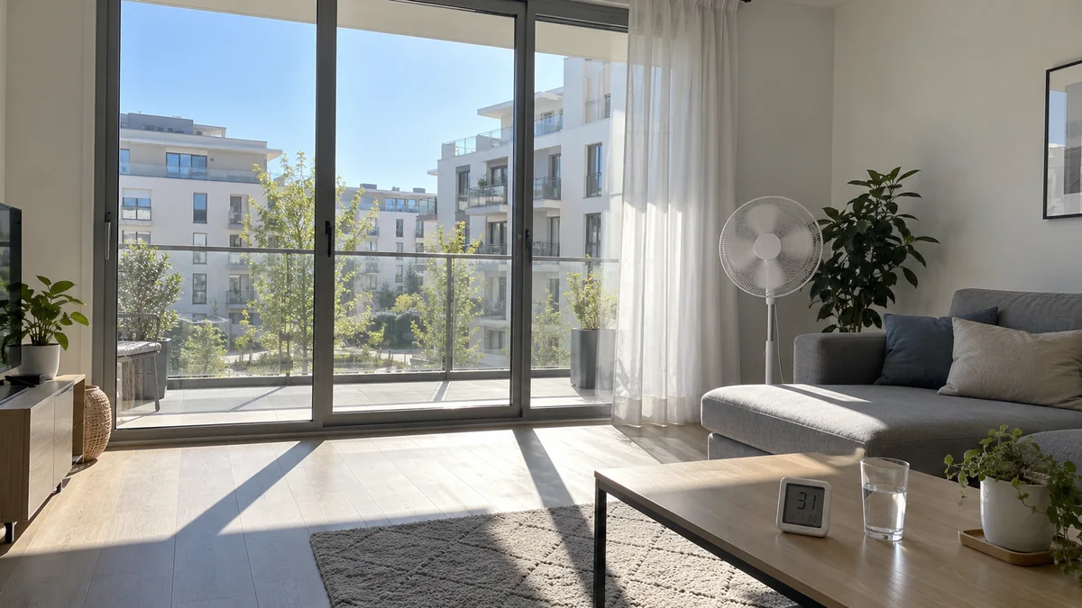 Séjour d'un appartement neuf en plein été : grande baie vitrée sans volet ni store, soleil bas qui entre jusqu'au fond de la pièce, thermomètre intérieur à 31 degrés et ventilateur sur pied