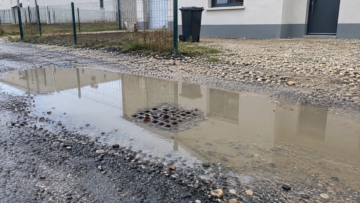 Point bas de la rue inachevée d'un lotissement au lendemain d'une nuit de pluie : une large flaque d'eau boueuse immobile recouvre l'enrobé provisoire au-dessus d'une grille d'avaloir colmatée de graviers et de feuilles, devant l'entrée gravillonnée d'un pavillon
