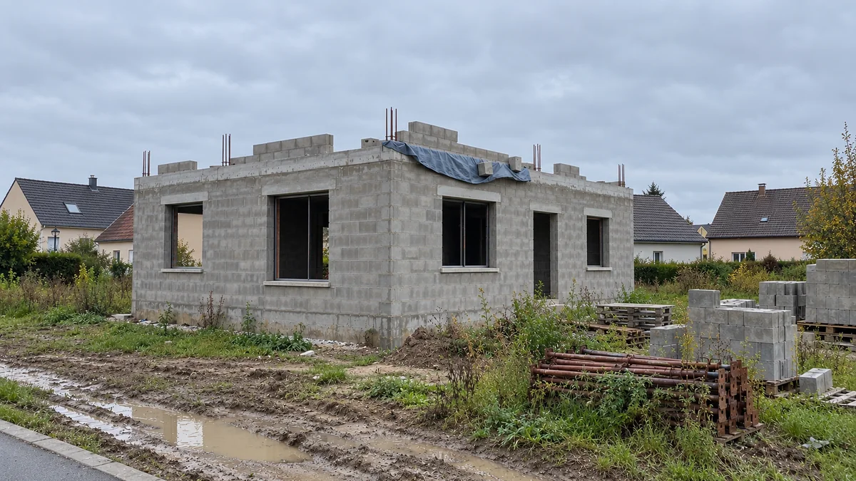 Pavillon en parpaings gris arrêté au niveau du plancher haut, sans toiture : fers d'attente rouillés en tête des murs, bâche bleue lestée de blocs, étais métalliques empilés et palettes de parpaings dans les herbes hautes, terrain boueux devant, maisons voisines achevées en arrière-plan sous un ciel gris