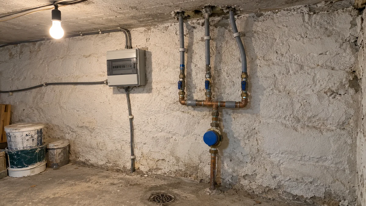 Cave d'une maison divisée : un seul compteur d'eau à couvercle bleu dont la canalisation se partage en trois départs vers les étages, à côté d'un tableau électrique