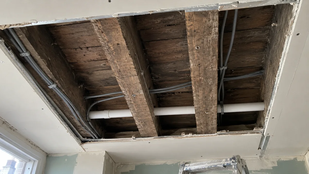 Plafond ouvert entre deux logements d'une maison divisée : solives et parquet en bois, câbles et évacuation, sans isolant ni protection contre le feu