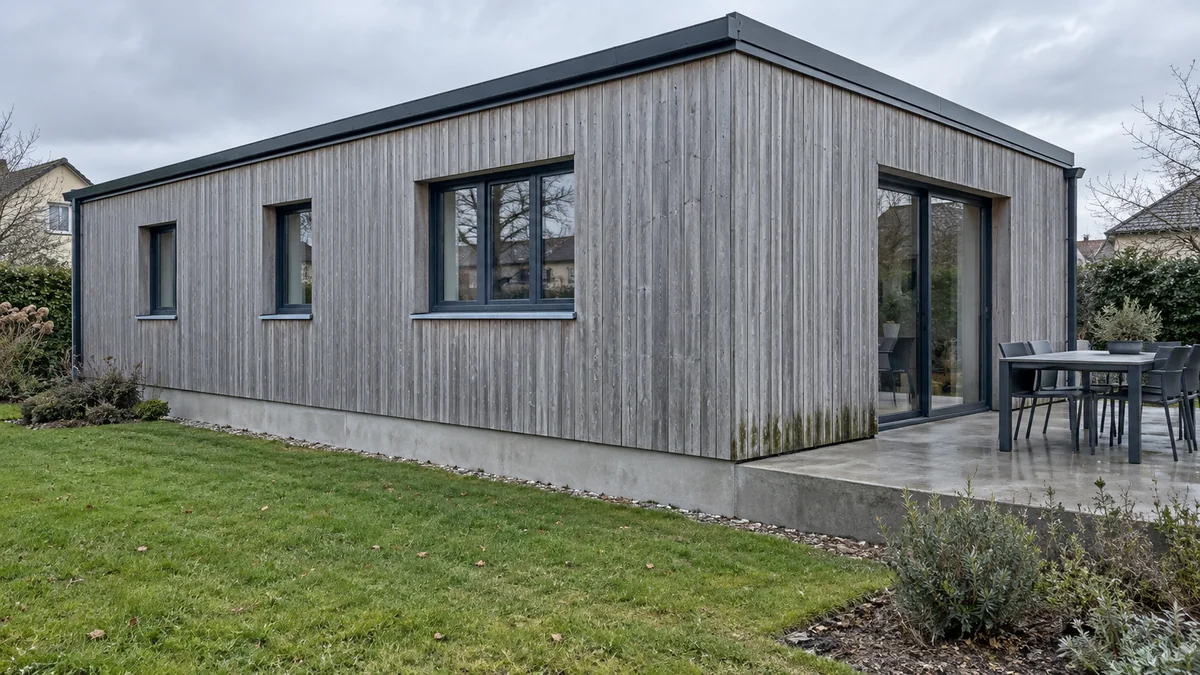 Maison à ossature bois de plain-pied avec bardage vertical grisé, dont le pied du bardage est noirci et verdi au droit de la terrasse en béton