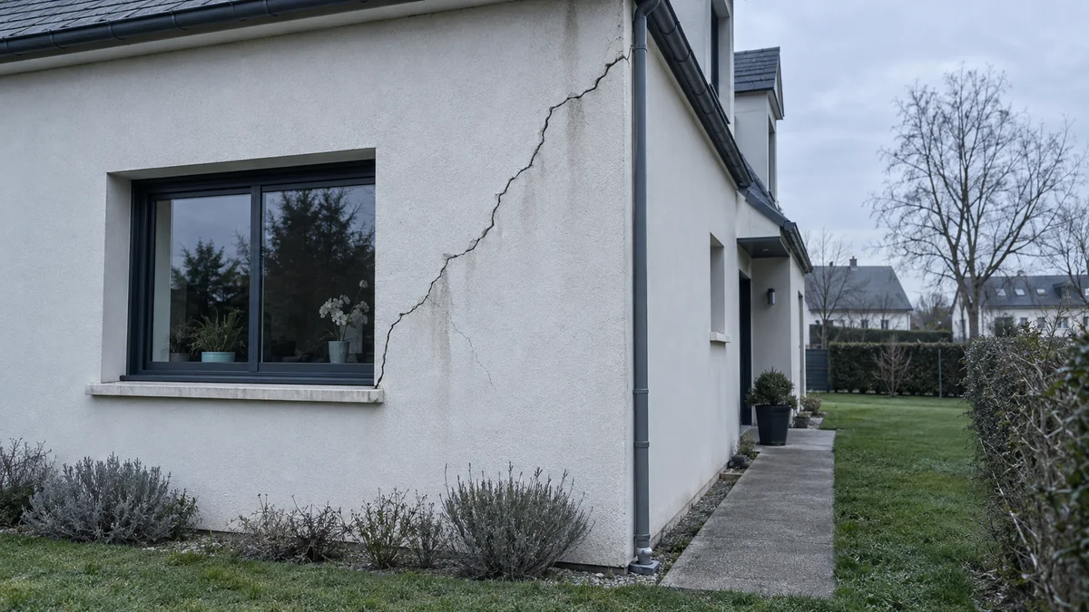 Fissure structurelle traversant l'angle enduit d'une maison d'une quinzaine d'années