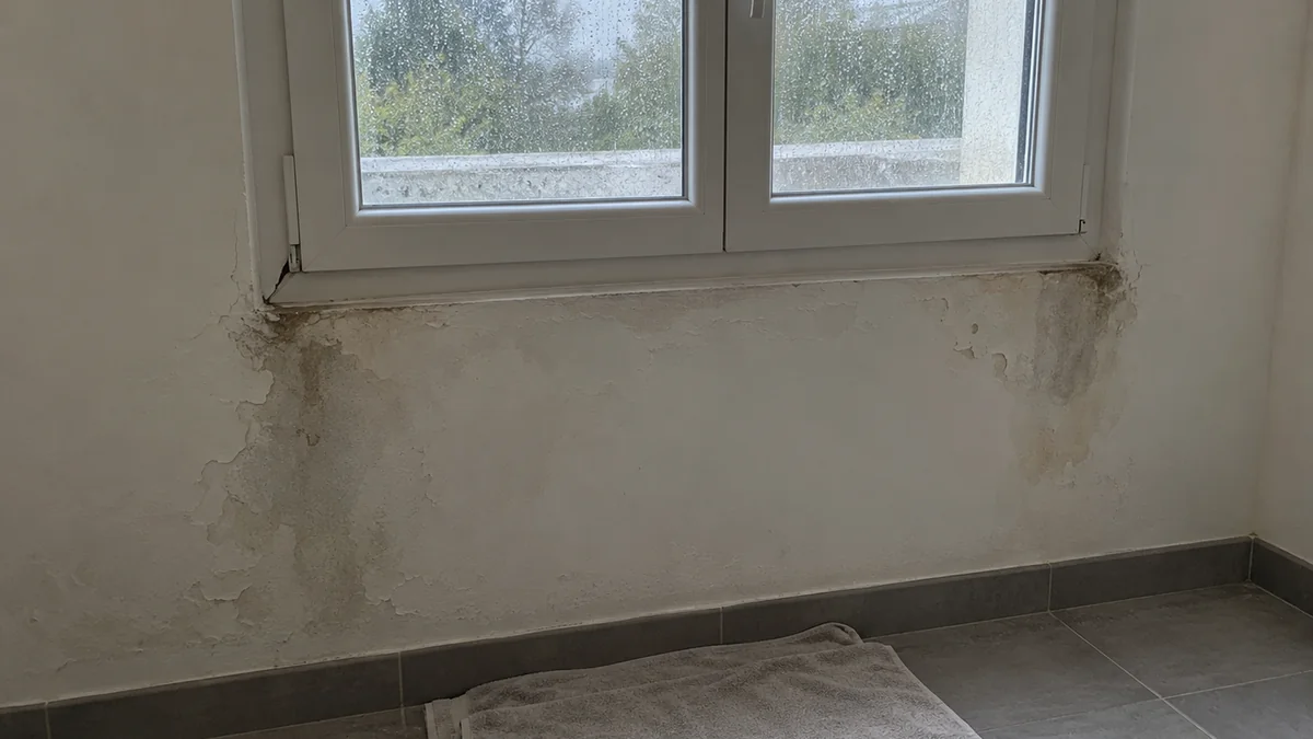 Fenêtre PVC blanche récemment posée : sous ses angles inférieurs, une tache d'humidité grise s'étend sur le mur avec une peinture cloquée, le joint entre le cadre et le mur est fissuré et décollé dans l'angle bas gauche