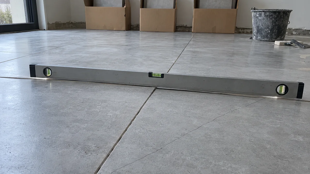 Sol neuf en grands carreaux gris clair : un niveau à bulle posé en travers d'un joint laisse passer un filet de lumière sous une extrémité, le carreau voisin est fendu en diagonale, cartons de carreaux de réserve ouverts et seau de joint contre le mur