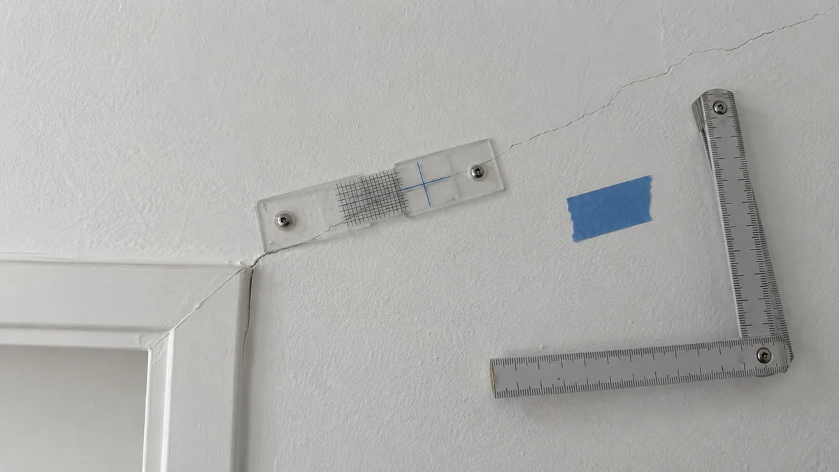 Fissure partant de l'angle d'une porte, avec un témoin gradué vissé à cheval sur la fissure, un mètre pliant et un ruban adhésif bleu