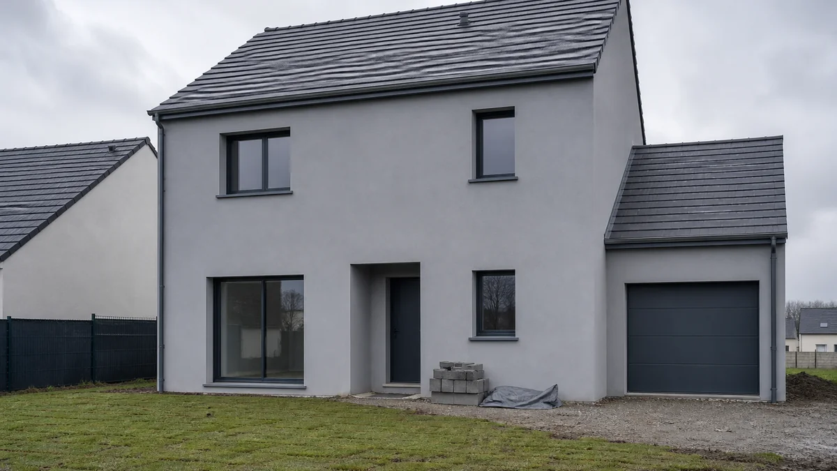 Maison individuelle neuve en CCMI fraîchement livrée en Île-de-France, façade enduite grise, parpaings et bâche pliée encore posés près de l'entrée, pelouse en gazon fraîchement posé et encore inégale