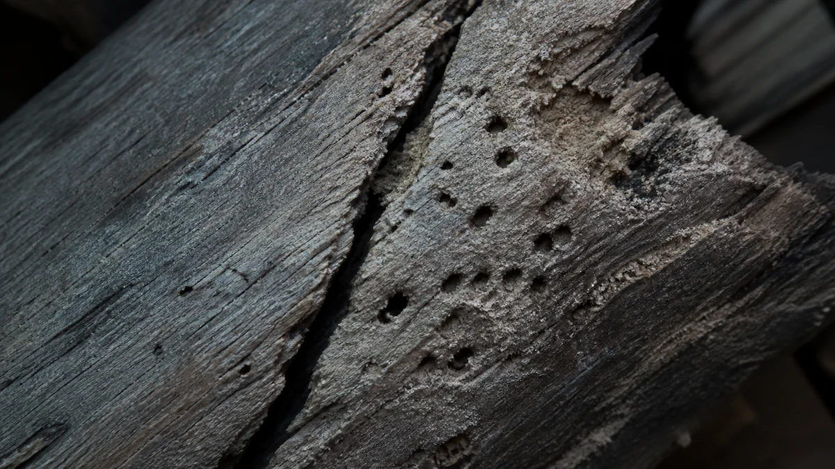 Gros plan sur une poutre de charpente en bois montrant une fissure longitudinale profonde et des trous de forage d'insectes xylophages à proximité