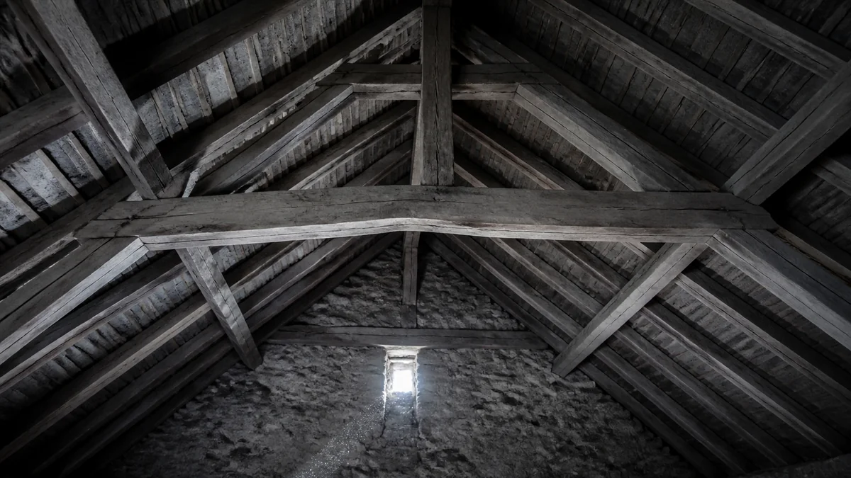 Vue en contre-plongée d'une charpente traditionnelle en bois dans des combles, avec une panne présentant un léger fléchissement visible entre deux points d'appui