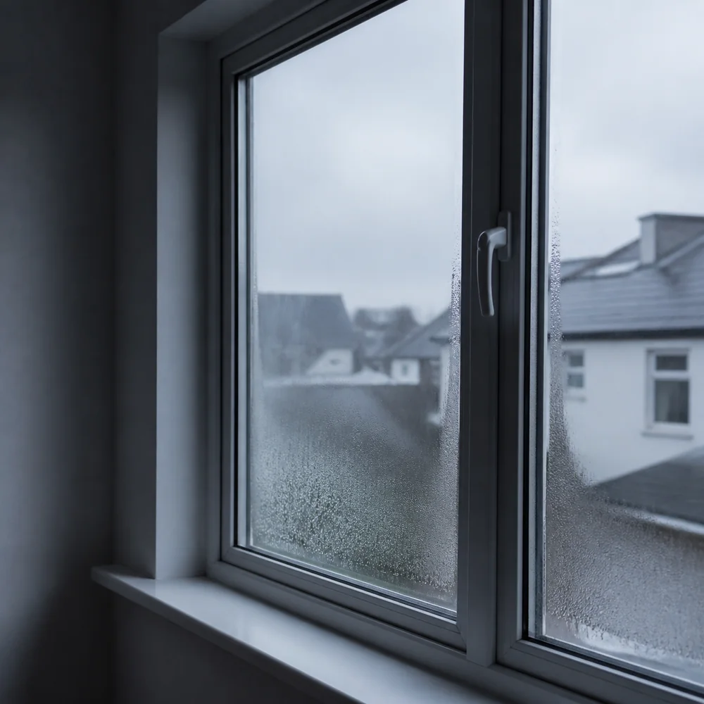 Vue intérieure d'une fenêtre double vitrage couverte de condensation entre les deux vitres, signe d'une rupture d'étanchéité du vitrage isolant