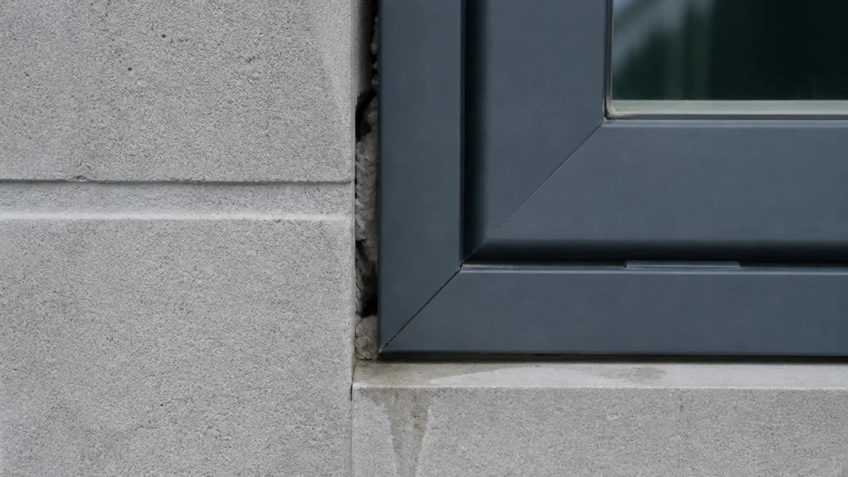 Gros plan sur l'angle inférieur d'un châssis de fenêtre aluminium montrant un léger jeu entre le dormant et la maçonnerie, avec une trace d'humidité sur l'appui en pierre