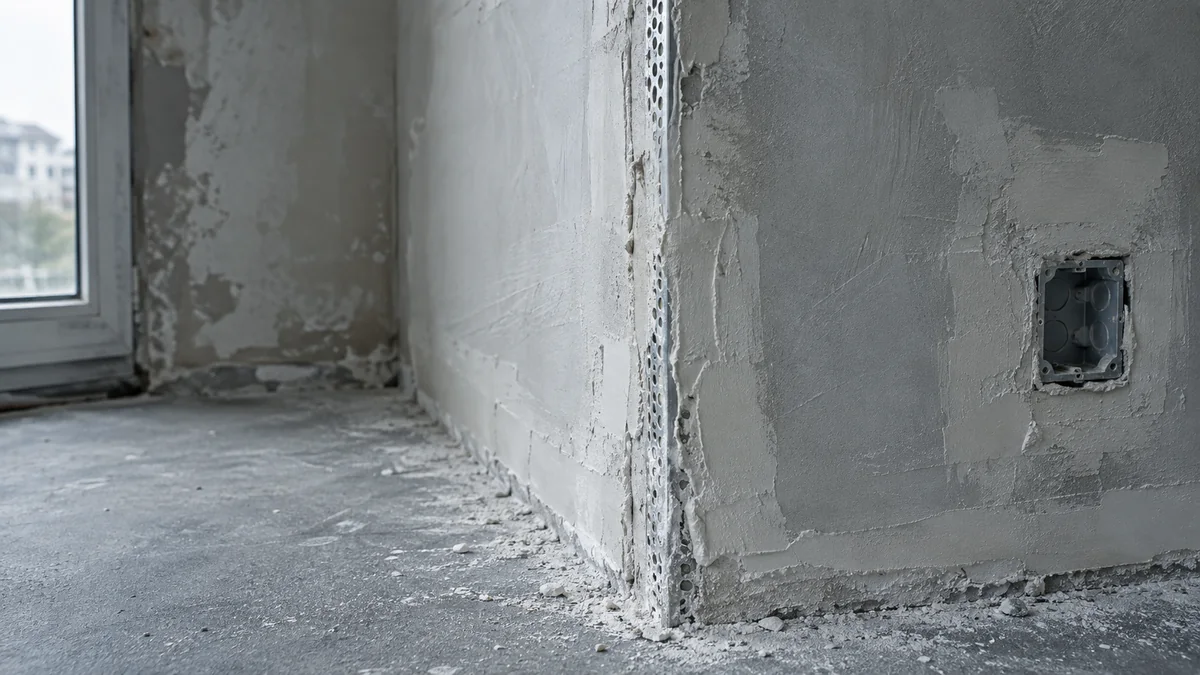 Angle de mur enduit de façon irrégulière, reprises et bourrelets visibles autour d'une boîte électrique encastrée