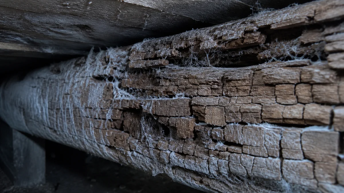 Gros plan sur une poutre en bois de charpente rongée, filaments fongiques blanchâtres et bois dégradé en surface