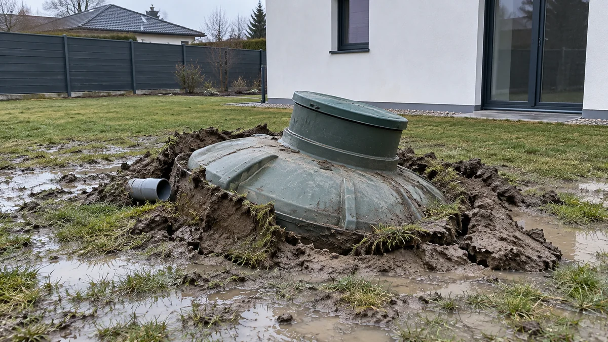 Cuve d'assainissement enterrée en polyéthylène vert remontée hors du sol d'une pelouse détrempée devant une maison récente, terre et gazon soulevés en bourrelet autour de la cuve, un tuyau PVC sectionné sortant de la boue et de l'eau stagnante tout autour