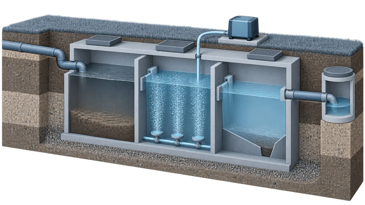 Vue en coupe d'une micro-station d'épuration enterrée en béton : canalisation d'arrivée à gauche, compartiment de décantation avec boues au fond, compartiment d'aération traversé de colonnes de bulles issues de diffuseurs, clarificateur à fond conique, regard de sortie à droite et surpresseur posé sur une dalle en surface