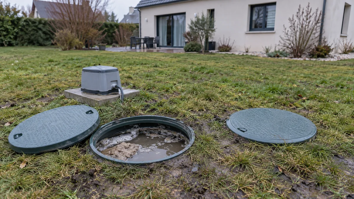 Pelouse détrempée d'un pavillon récent : deux couvercles verts d'une micro-station posés dans l'herbe, le regard ouvert laisse voir une eau grise et des boues mousseuses en surface, le surpresseur sur sa dalle à côté