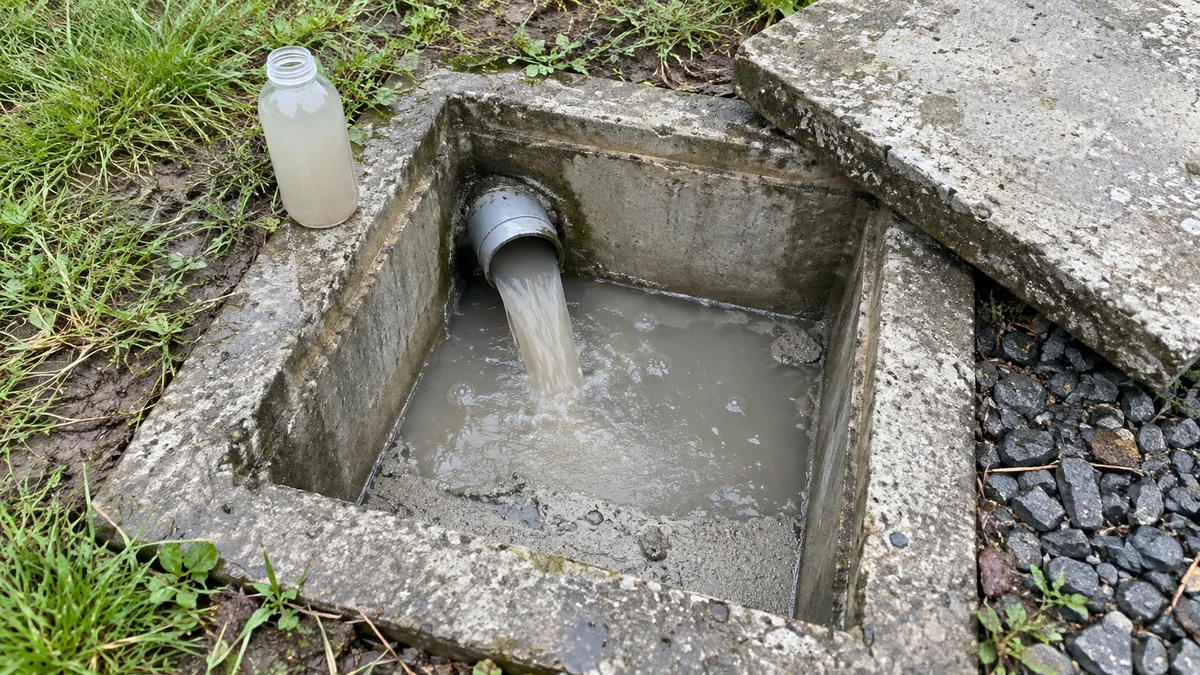 Regard de sortie en béton ouvert dans une pelouse, couvercle déplacé sur le côté : le tuyau de sortie déverse une eau grise et trouble chargée de particules, à côté d'un flacon de prélèvement rempli d'un liquide laiteux posé sur le rebord