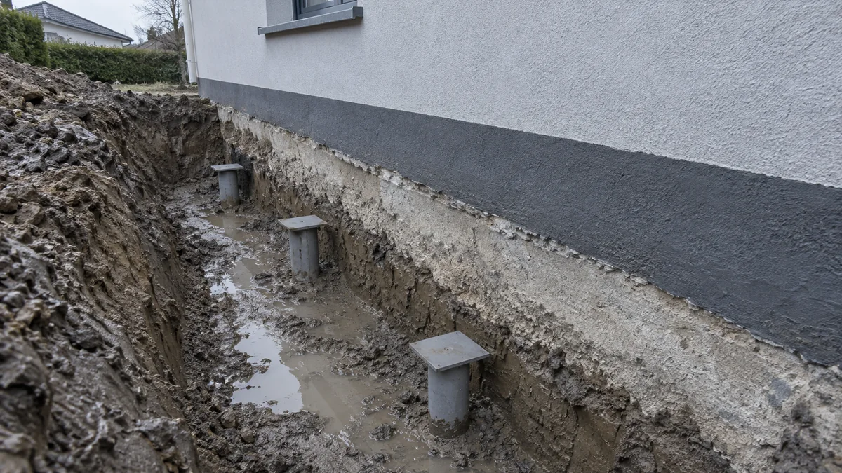 Tranchée ouverte le long d'une maison, découvrant la semelle en béton d'origine, avec trois têtes de micropieux en acier munies de platines qui sortent du fond de fouille, sans poutre de liaison